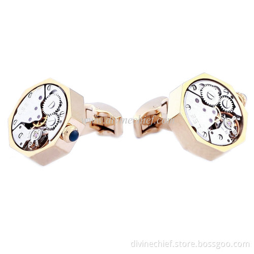 2015 Best Selling Men Movement Cufflinks, Golden Plated Stainless Steel Watch Cufflinks